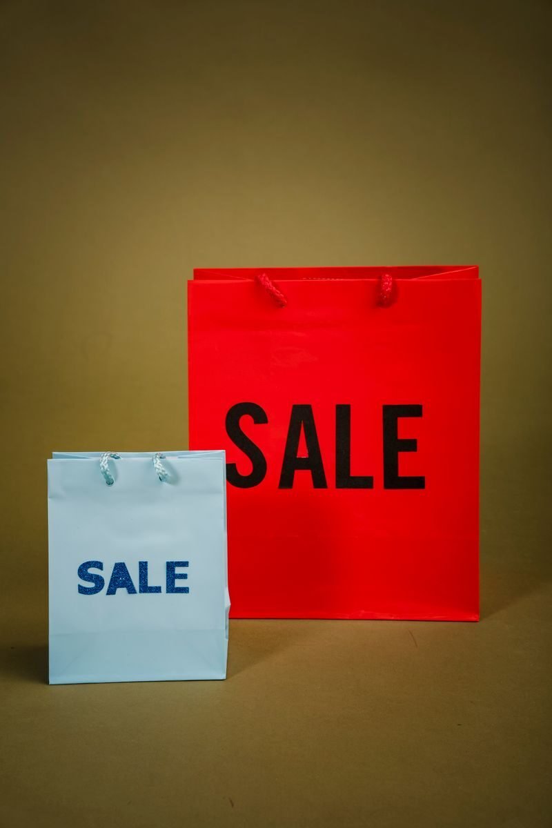 Stylish shopping bags labeled 'SALE' on a plain background.